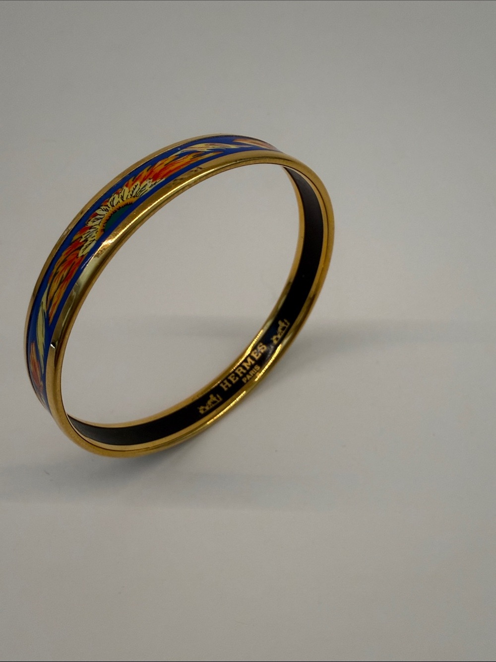 Hermes Blue and Orange Enamel Gold-Trim Bangle